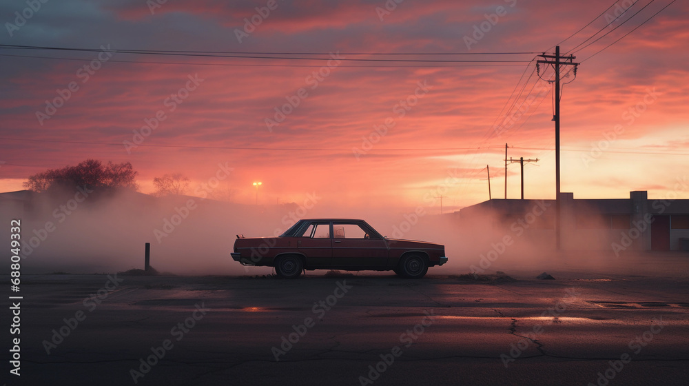 Solitary Dawn: A Lone Car Parked on an Empty Lot as the Sun Rises, Symbolizing Solitude and Reflection