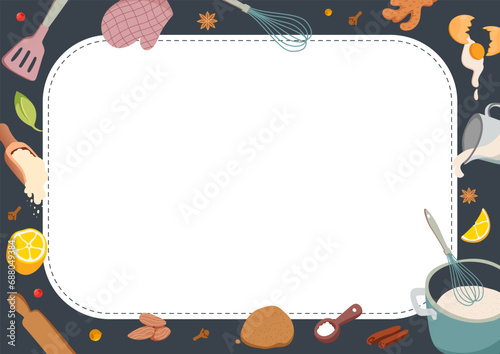Cooking background with decorative frame. Horizontal Flyer with food items, meal ingredients.