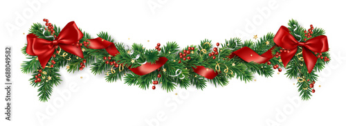 Christmas tree garland on transparent background, vector illustration. Realistic pine tree branches with red bow and ribbons. Decoration for holiday banners, party posters, cards, headers.