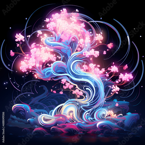 a digital dreamscape featuring the neon glow of lights  tribal motifs  abstract sakura elements with a whirlwind