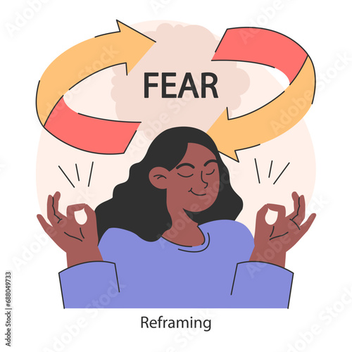 Overcoming fears strategy.. Transformative process of reframing fear into growth. Empowering psychological change towards positivity. Flat vector illustration.