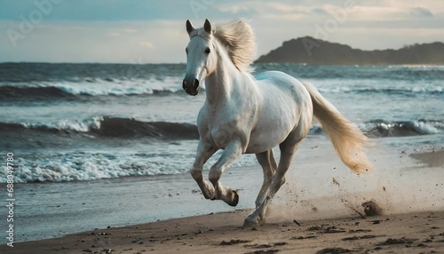 horse running on a beach on front of ocean