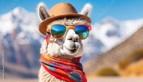 lama wearing a scarf, sunglasses and a hat photo