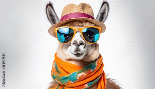lama wearing a scarf, sunglasses and a hat