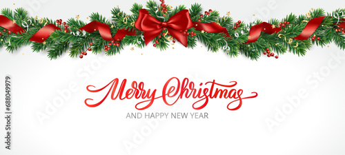 Merry Christmas holiday banner. Christmas tree garland with red bow and ribbons. Merry Christmas calligraphy. Realistic fir tree branches decoration. For party posters, greeting cards, social media.