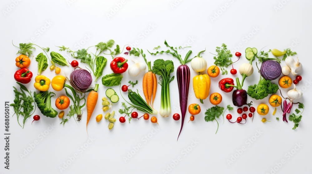 a creative display of colorful vegetables on a seamless white canvas, celebrating the beauty of natural hues.