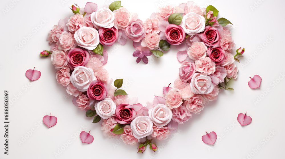 Romantic floral decor featuring a heart wreath adorned with delicate roses on a clean white background. Ideal for creating an atmosphere of love and celebration.