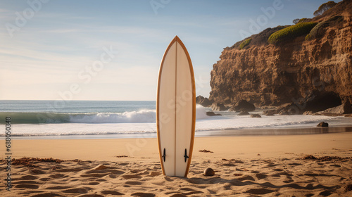 Elegance on the Waves: Classic Wooden Surfboard with Pristine White Finish Ready for Adventure © Linus