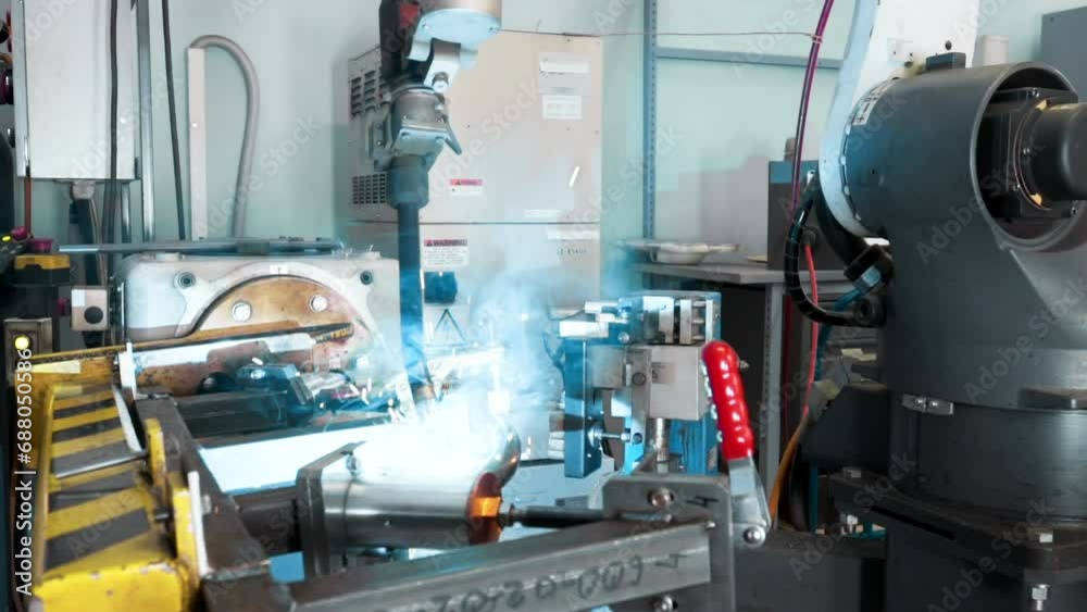 A robotic welding arm is used at the production plant. A robotic welding arm is cutting through metal parts in the workshop room. A robotic welding arm is manufacturing the items of medical equipment. A robotic welding arm is used at the production plant. A robotic welding arm is cutting through metal parts in the workshop room. A robotic welding arm is manufacturing the items of medical equipment.