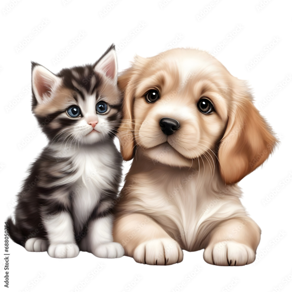 A close-up image of a cute little kitten and a puppy. A close-up image of a cute little kitten and a puppy.