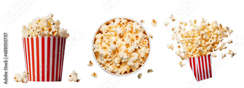 Flying popcorn and popcorn bucket set in top and side perspective, Isolated on Transparent Background, PNG