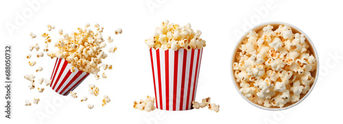 Set featuring top and side view of popcorn bucket with popcorn taking flight, Isolated on Transparent Background, PNG