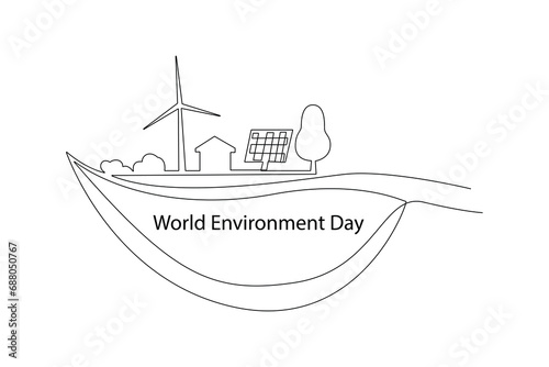 One continuous line drawing of World Environment day concept. Doodle vector illustration in simple linear style.