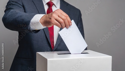 close up of Voter hand on election Putting Ballot Into Voting box. Democracy Freedom Concept election photo