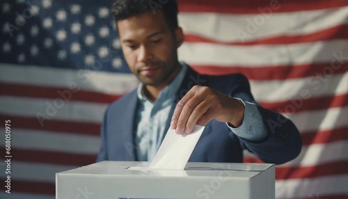 close up of Voter hand on election Putting Ballot Into Voting box. Democracy Freedom Concept election photo