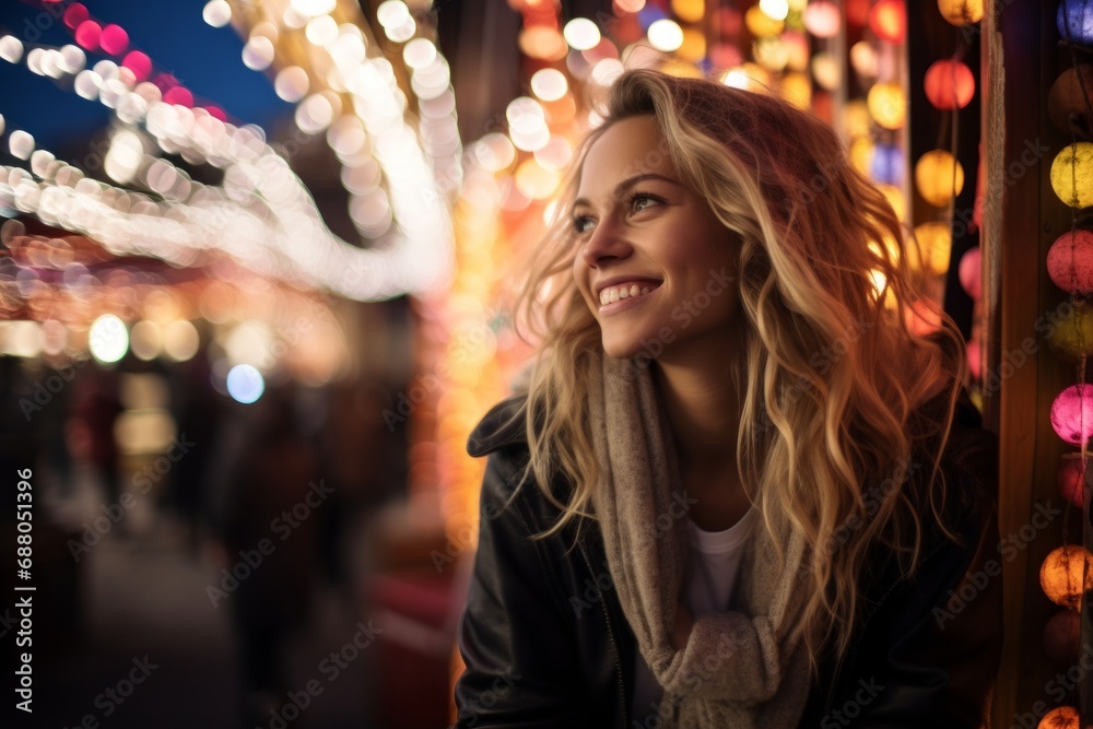 A young woman smiling happiness cheerful freedom casual moment while standing next to a playride  machine at an amusement park with blur light bokeh background celebrate woman in festival portrait