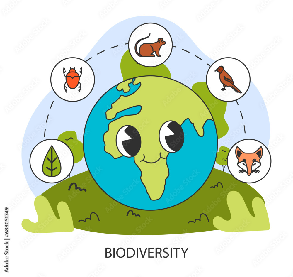 Obraz premium Biodiversity. Planet Earth retro cartoon character. Interconnected nature, fragile ecosystem. Wildlife and environment, flora and fauna. Animal habitat saving idea. Flat vector illustration