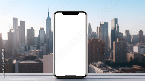iPhone with transparent screen on rooftop ledge mockup, city skyline view