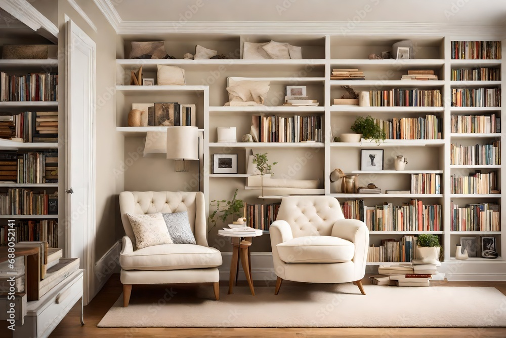 A cozy reading nook with a plush cream-colored armchair, a white side table, and shelves filled with books for a peaceful retreat. A cozy reading nook with a plush cream-colored armchair, a white side table, and shelves filled with books for a peaceful retreat.