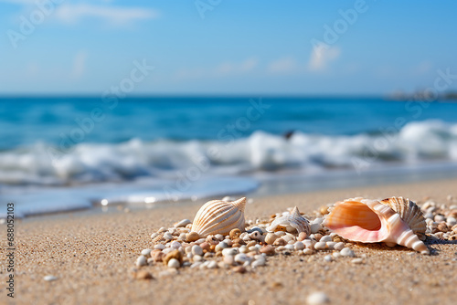 sea summer background with seashells and sand with space for text