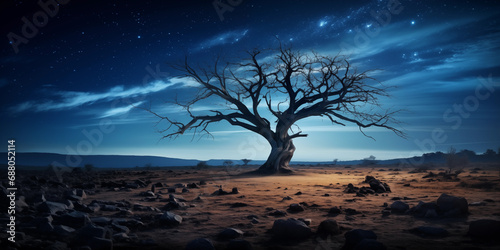 Amazing landscape of a dry tree with milky night sky background 