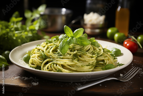 Piatto di pasta, linguine al pesto con basilico, olio, pinoli, parmigiano su una tavola in Italia
