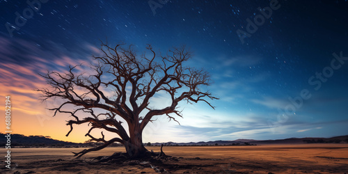 Amazing landscape of a dry tree with milky night sky background 