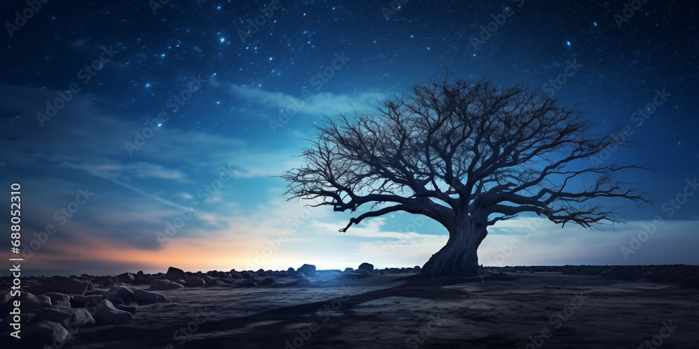 Amazing landscape of a dry tree with milky night sky background Amazing landscape of a dry tree with milky night sky background