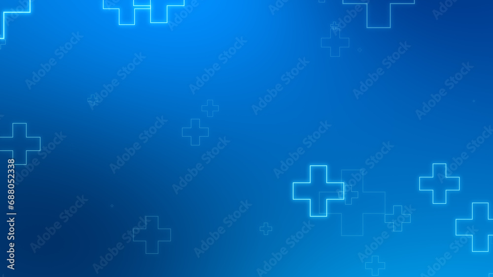 Medical health blue cross neon light shapes pattern background. Abstract healthcare technology and science concept. Medical health blue cross neon light shapes pattern background. Abstract healthcare technology and science concept.