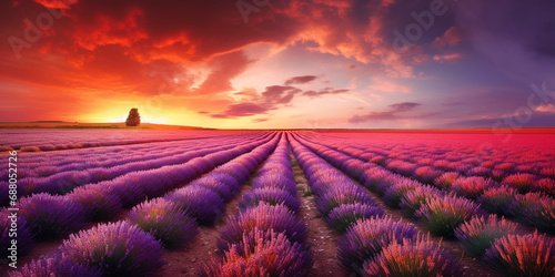 Lavender field with colorful sky background at sunset