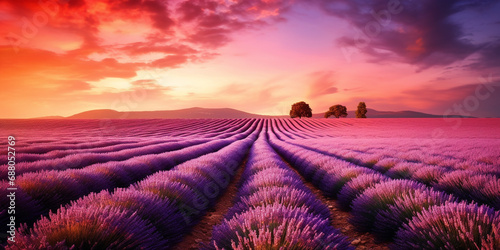 Lavender field with colorful sky background at sunset