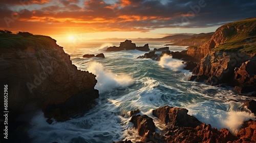 A coastal cliffside at sunset, with waves crashing against rugged rocks, creating a dynamic seascape that captures the enduring beauty and strength of the natural world