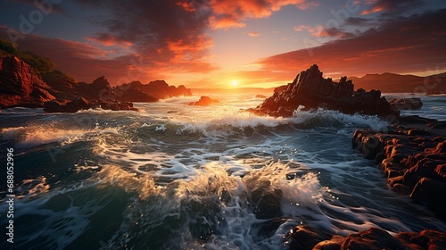 A coastal cliffside at sunset, with waves crashing against rugged rocks, creating a dynamic seascape that captures the enduring beauty and strength of the natural world