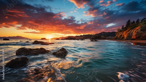 A coastal cliffside at sunset, with waves crashing against rugged rocks, creating a dynamic seascape that captures the enduring beauty and strength of the natural world