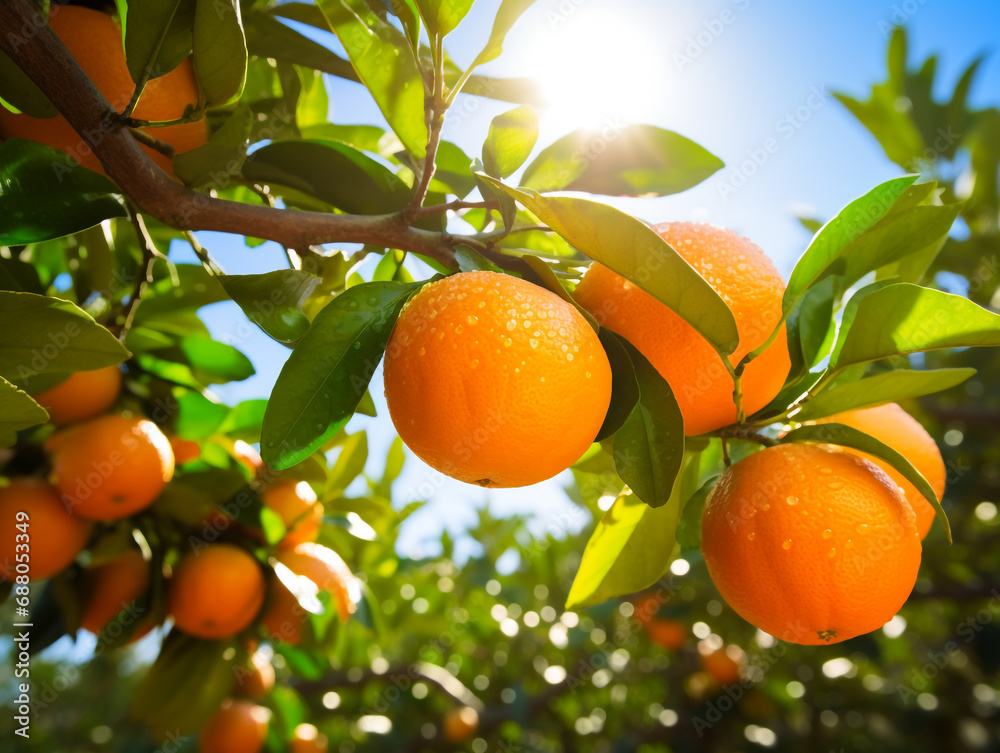Close-up of a vibrant orange grove with citrus fruits hanging from the branches. Orange farm where the fruits are ready to be picked. Close-up of a vibrant orange grove with citrus fruits hanging from the branches. Orange farm where the fruits are ready to be picked.