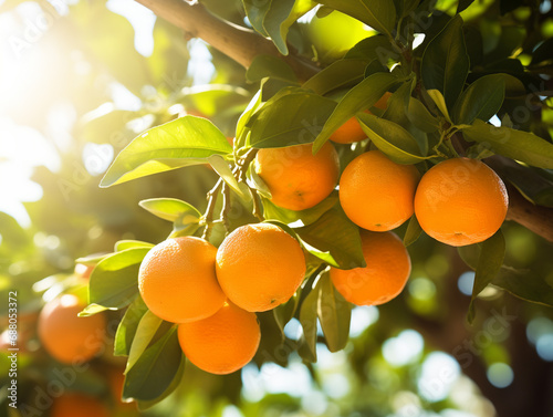 Close-up of a vibrant orange grove with citrus fruits hanging from the branches. Orange farm where the fruits are ready to be picked. photo
