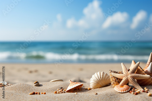 Seashells on the sand, summer background with space for text, vacation and travel