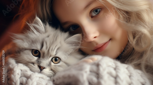 Portrait of a beautiful girl with a white cat in her arms.