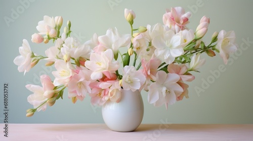 a delicate freesia blooms, their sweet fragrance and pastel hues creating a soft and romantic floral arrangement on a pristine white canvas, evoking a sense of love and tenderness.
