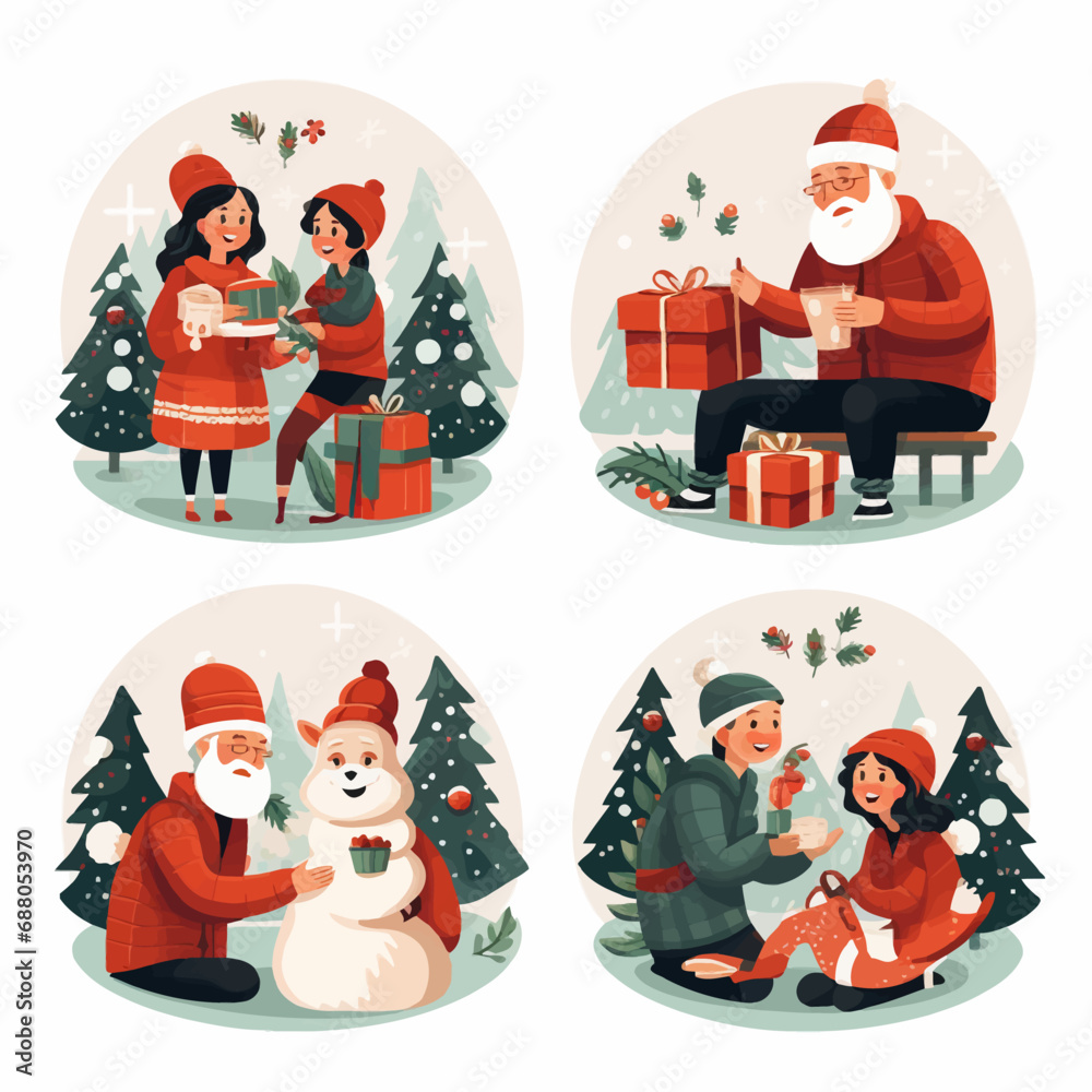 Obraz premium santa, christmas, claus, holiday, santa claus, vector, cartoon, xmas, winter, hat, illustration, gift, celebration, character, fun, cute, set, decoration, snow, happy, present, year, season, december,