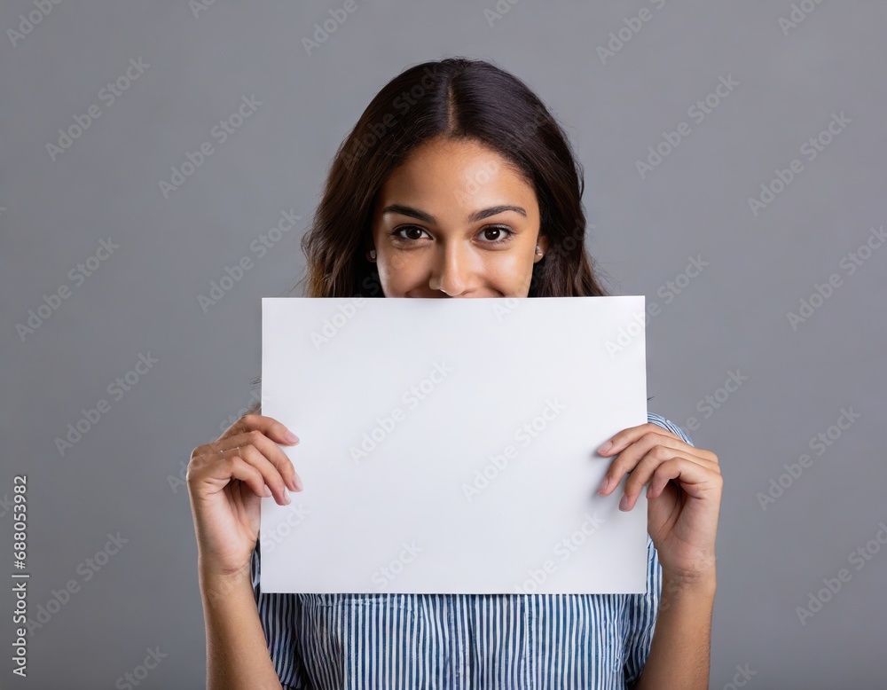 young woman holding blank white paper in front of face young woman holding blank white paper in front of face