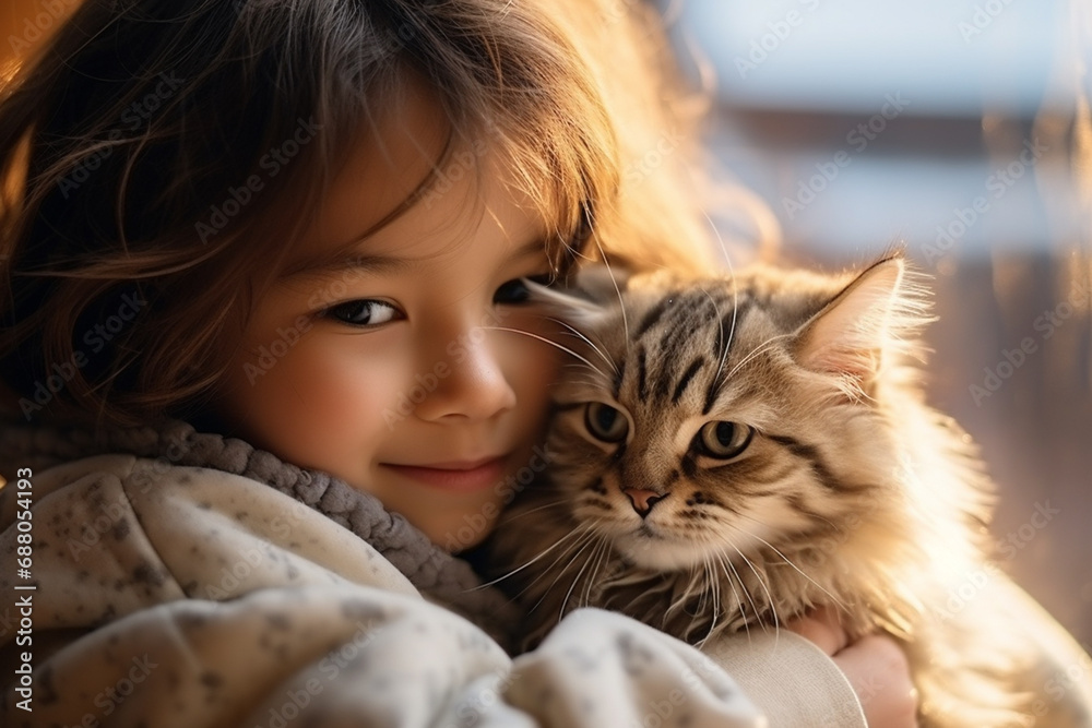 Cute child hugging a cat near window at home.