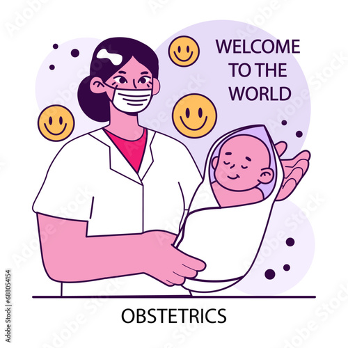 Obstetrician. Childbirth, obstetrics specialist holding a newborn. Female gynecologist, pediatrician or midwife cuddling a baby. Reproductive health. Flat vector illustration