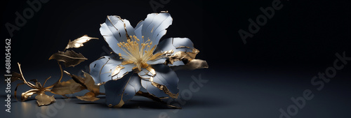 Silber-blaue künstliche Blume mit goldenen Rissen vor schwarzem Hintergrund - Freier Raum