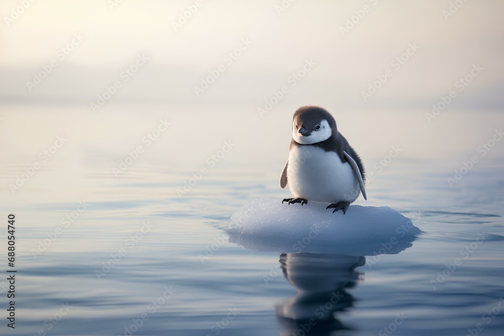 Fototapeta premium Cute little penguin is standing on a piece of ice in the Antarctic Ocean, trying to learn how to swim.