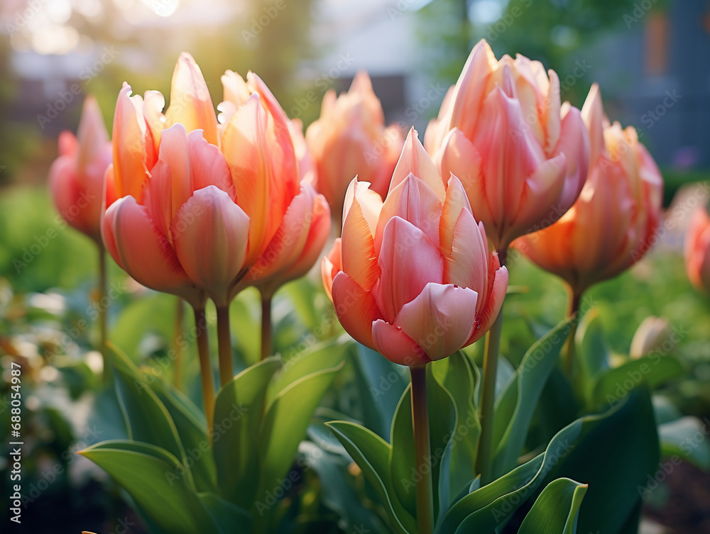 Close-up shot of tulip buds about to bloom, capturing the anticipation and delicate beauty of the upcoming blossoms.