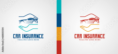 Car insurance logo design with protection hand vector symbol