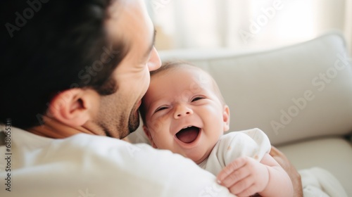 A happy dad cuddles his baby on a bright sofa at home.