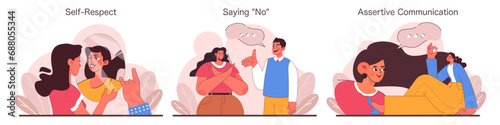 Assertiveness set. A triptych of self-empowerment through self respect, boundary setting, and assertive communication. Encouraging personal growth and confidence. Flat vector illustration