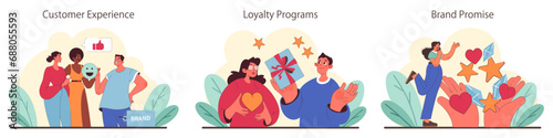 Brand Loyalty set. Captivating customer experience, rewarding loyalty programs, and the essence of brand promise. Fostering consumer-brand relationships. Flat vector illustration